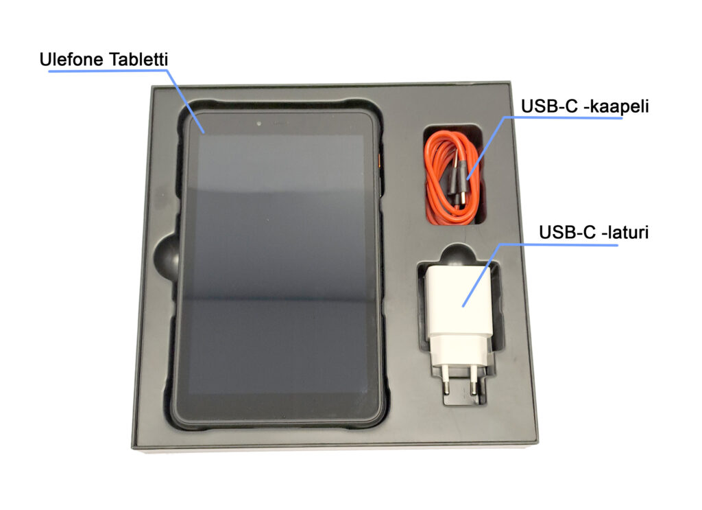 Laatikko, jossa on Ulefone-tabletti, USB-C-kaapeli ja USB-C-laturi.