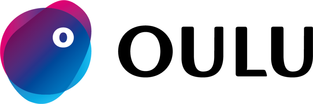Oulun kaupungin logo, jossa sininen ja violetti pyöreä muoto, jonka sisällä on valkoinen O-kirjain, ja vieressä teksti OULU mustalla.